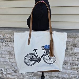 Sonoma Bicycle Canvas Tote Bag Cream Brown Straps Large Carryall